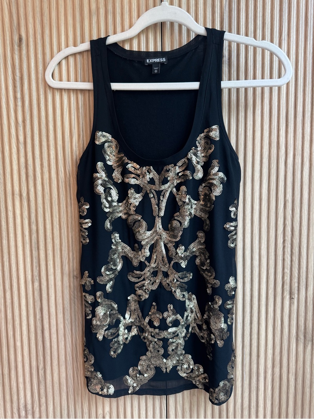 Express Black Tank with Soft Gold Sequin Baroque Design